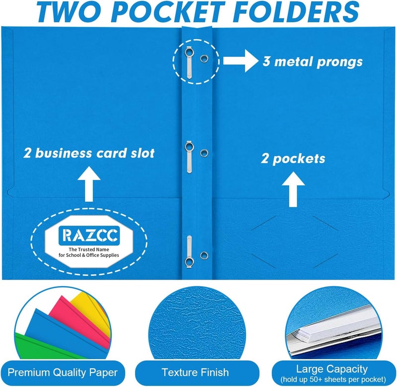 RAZCC Two Pocket Folders, 50 Pack Two Pocket Folders with Prongs, 3 Prong Folders Fit Letter Size Paper, Pocket Paper File Folders for School Office Home Business, Assorted 5 Colors - Image 3